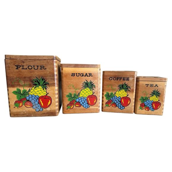 Vintage 1960s Fruit Decoupage Canister Set: Retro Farmhouse Kitchen Decor - Picture 2 of 11